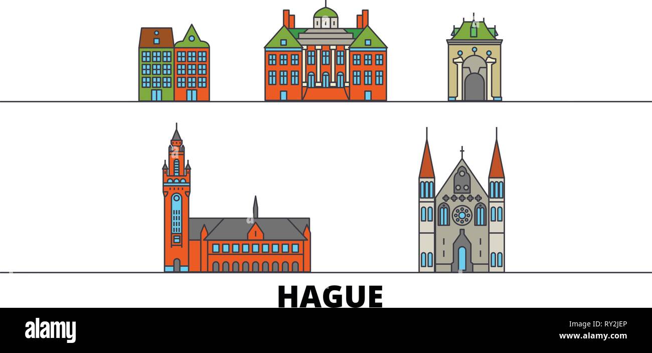 Netherlands, Hague flat landmarks vector illustration. Netherlands, Hague line city with famous travel sights, skyline, design.  Stock Vector