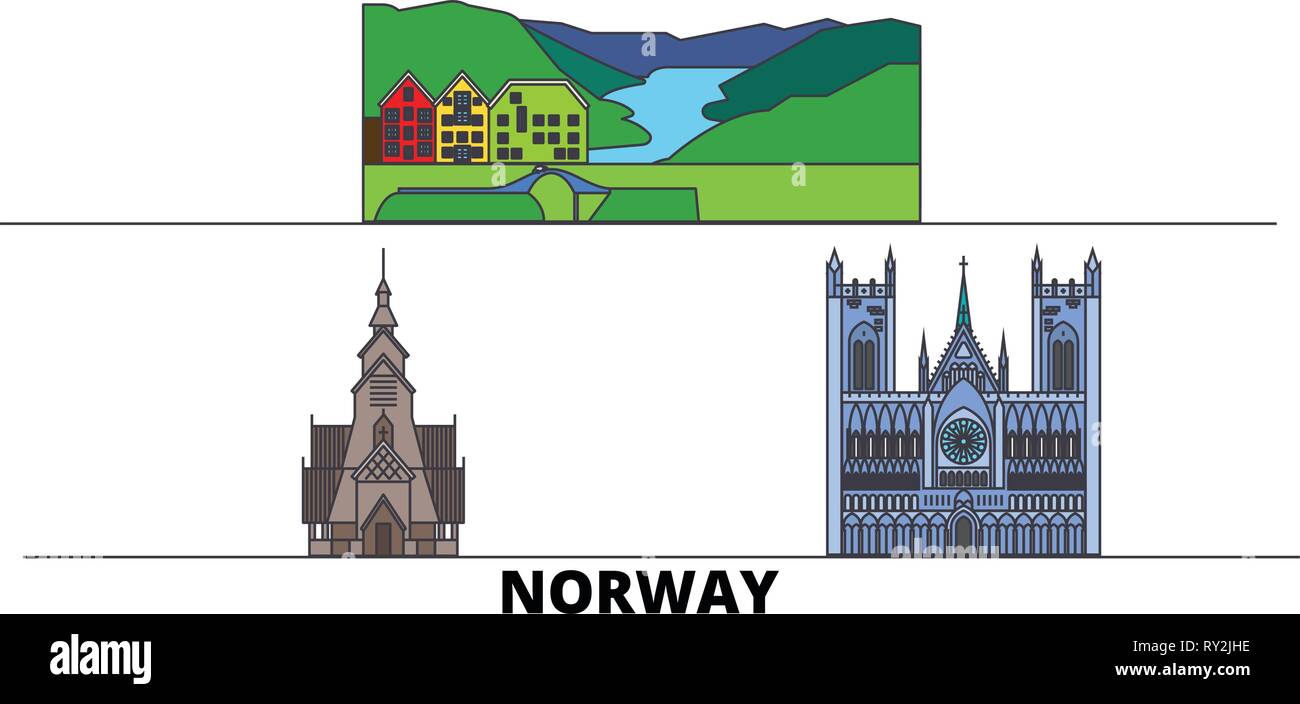 Norway flat landmarks vector illustration. Norway line city with famous travel sights, skyline, design.  Stock Vector