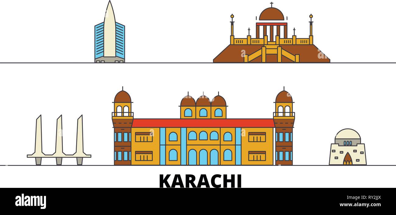 Pakistan, Karachi flat landmarks vector illustration. Pakistan, Karachi line city with famous travel sights, skyline, design.  Stock Vector