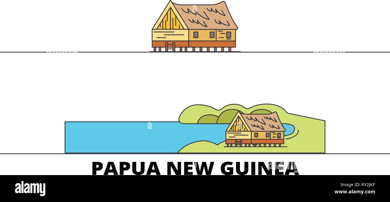 Papua New Guinea flat landmarks vector illustration. Papua New Guinea line city with famous travel sights, skyline, design.  Stock Vector