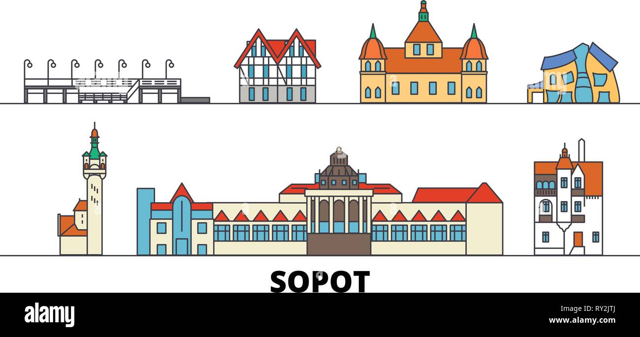 Poland, Sopot flat landmarks vector illustration. Poland, Sopot line city with famous travel sights, skyline, design.  Stock Vector