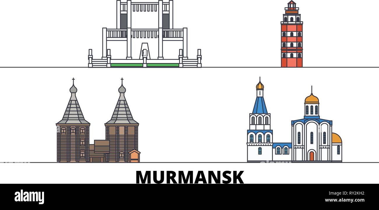Russia, Murmansk flat landmarks vector illustration. Russia, Murmansk line city with famous travel sights, skyline, design.  Stock Vector