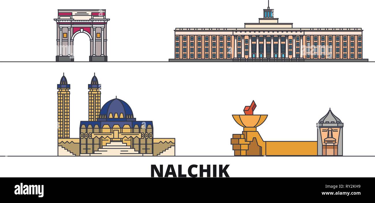 Russia, Nalchik flat landmarks vector illustration. Russia, Nalchik line city with famous travel sights, skyline, design.  Stock Vector