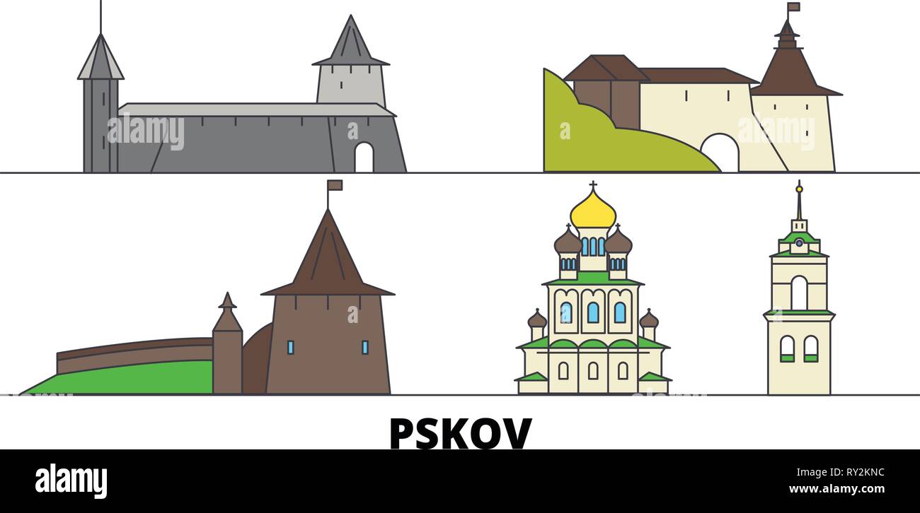 Russia, Pskov flat landmarks vector illustration. Russia, Pskov line ...