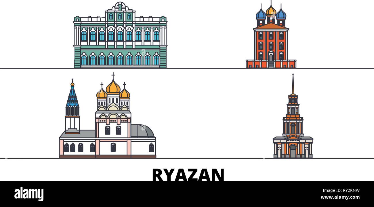 Russia, Ryazan flat landmarks vector illustration. Russia, Ryazan line city with famous travel sights, skyline, design.  Stock Vector