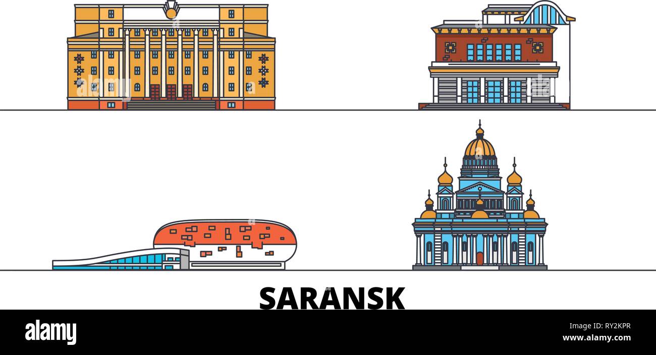 Russia, Saransk flat landmarks vector illustration. Russia, Saransk line city with famous travel sights, skyline, design.  Stock Vector