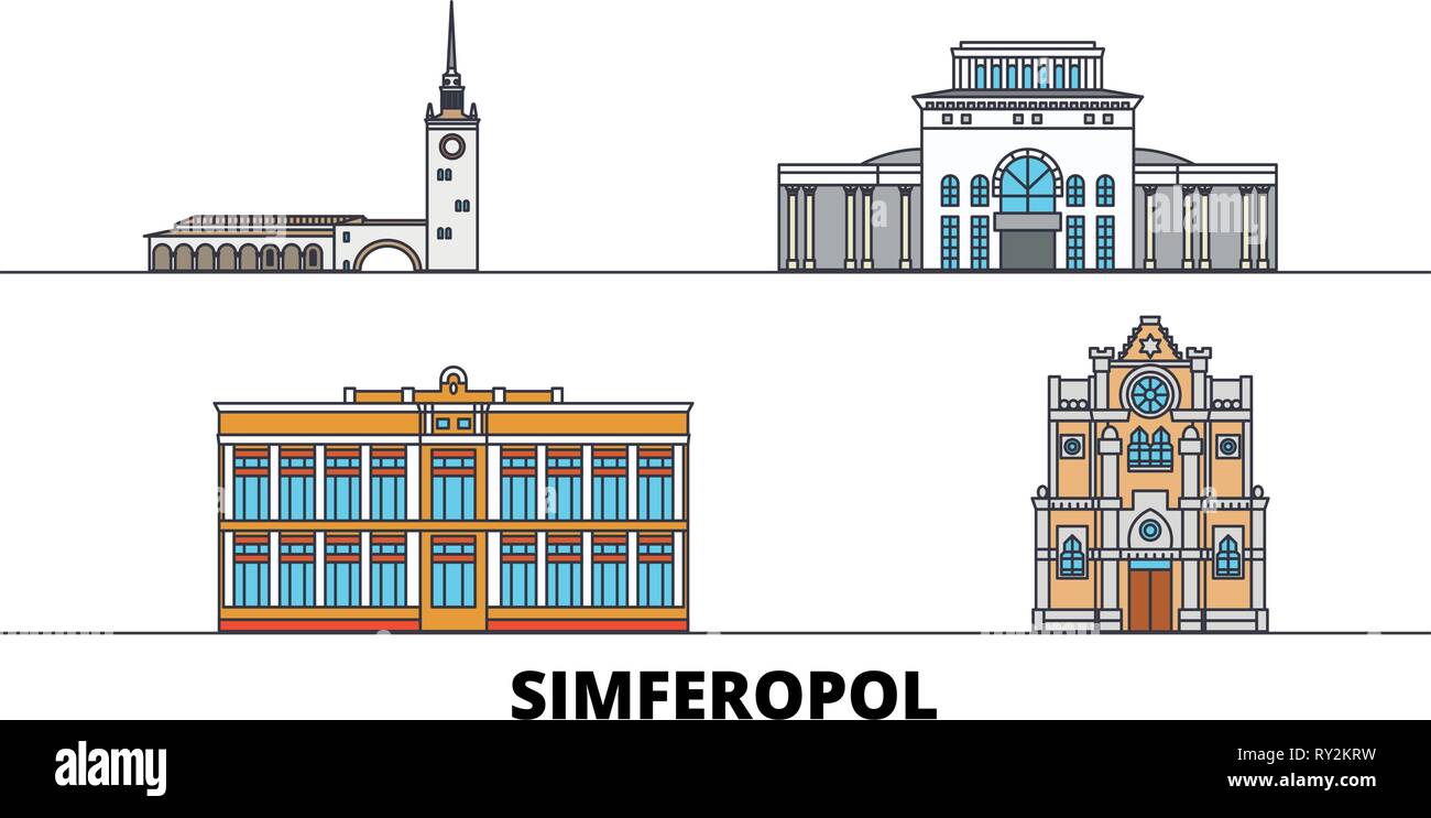 Russia, Simferopol flat landmarks vector illustration. Russia, Simferopol line city with famous travel sights, skyline, design.  Stock Vector