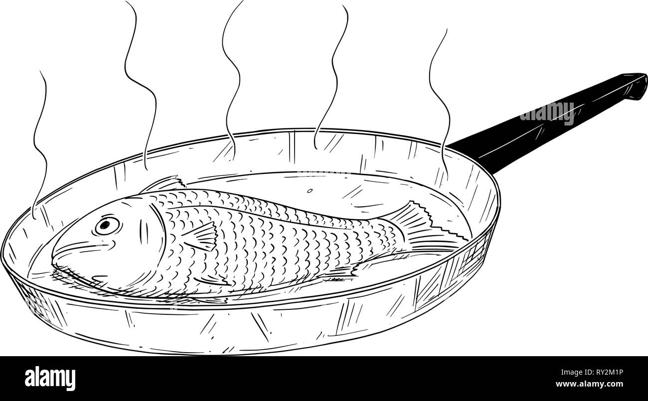 Cartoon Drawing of Fish Cooked on Frying Pan Stock Vector