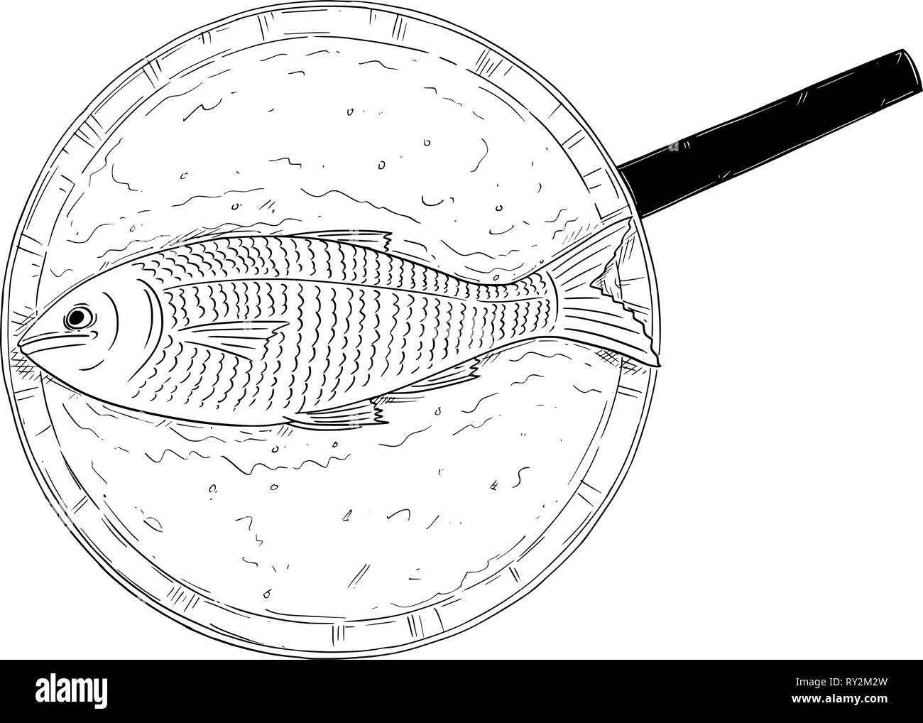 Cartoon Drawing of Top View of Fish Cooked on Frying Pan Stock Vector