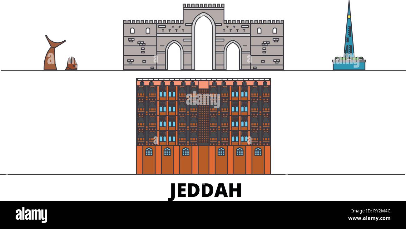 Saudi Arabia, Jeddah flat landmarks vector illustration. Saudi Arabia, Jeddah line city with famous travel sights, skyline, design.  Stock Vector