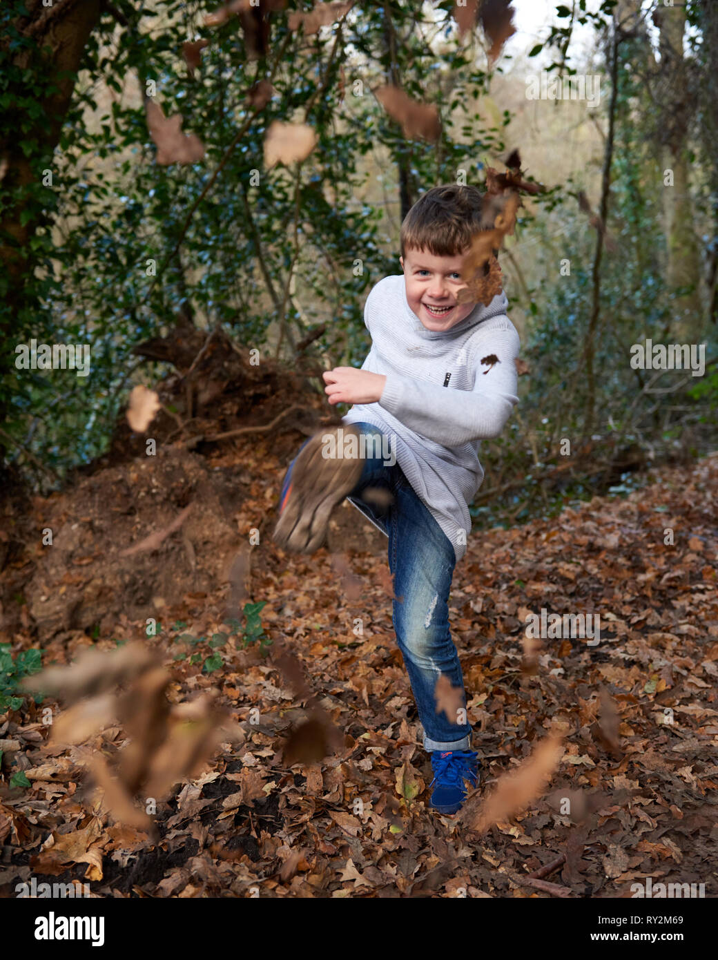 Childhood freedom to play outdoors. Kicking leaves on a woodland walk. A dynamic 3D effect image. Stock Photo