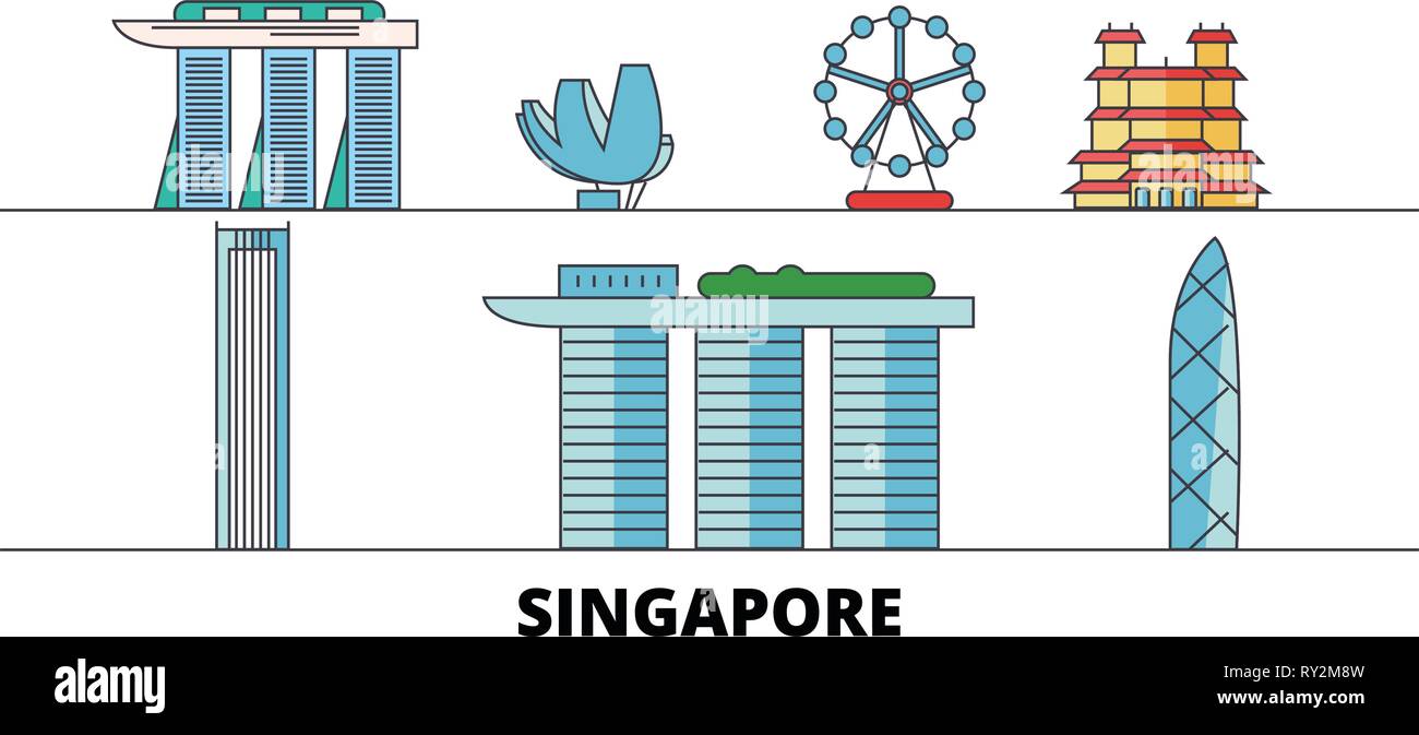 Singapore City flat landmarks vector illustration. Singapore City line ...