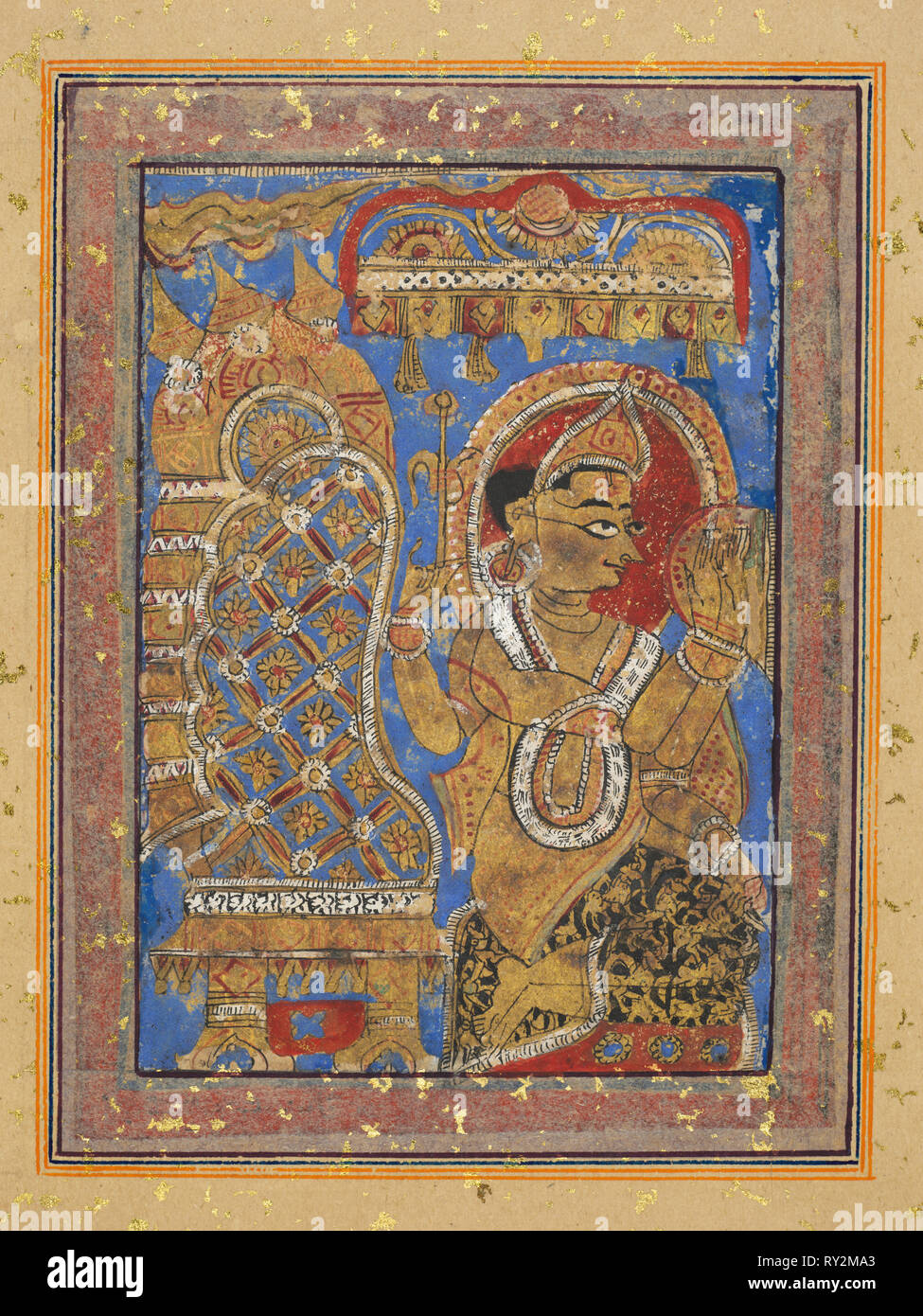 Page from a Kalpa-sutra: Indra paying homage to Mahavira, early 16th century. Jain, Western India, Gujarat, early 16th century. Ink and color on paper; 18th century gold flecked paper border; image: 9.5 x 6.8 cm (3 3/4 x 2 11/16 in.); overall: 22.3 x 17.7 cm (8 3/4 x 6 15/16 in Stock Photo