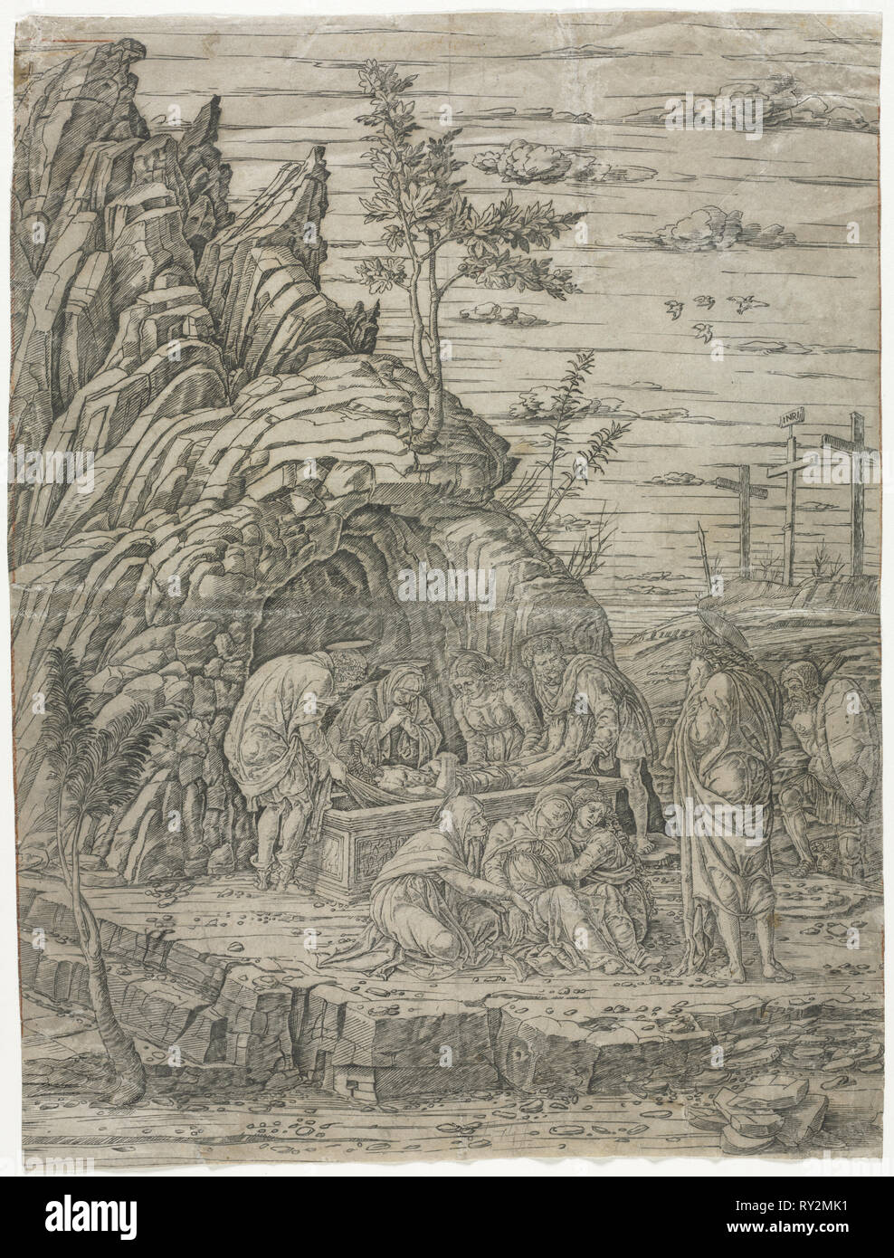 The Entombment with the Four Birds. School of Andrea Mantegna (Italian, 1431-1506). Engraving Stock Photo