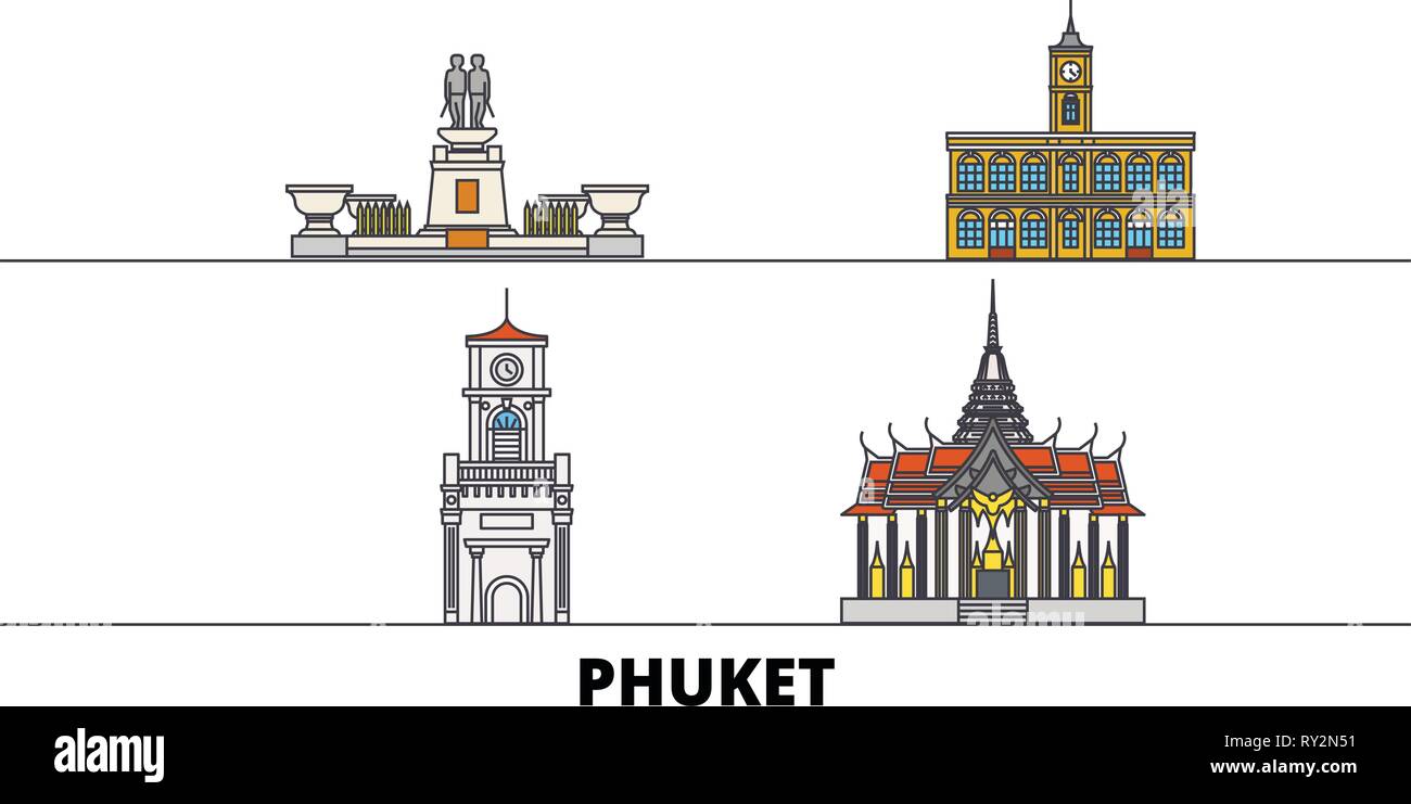 Thailand, Phuket flat landmarks vector illustration. Thailand, Phuket line city with famous travel sights, skyline, design.  Stock Vector