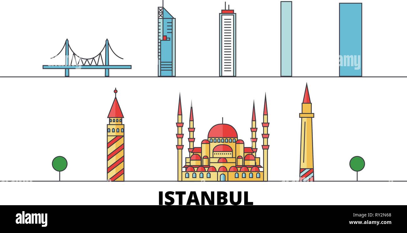 Turkey, Istanbul flat landmarks vector illustration. Turkey, Istanbul line city with famous travel sights, skyline, design.  Stock Vector