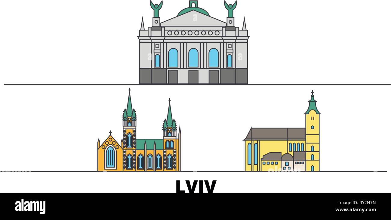 Ukraine, Lviv flat landmarks vector illustration. Ukraine, Lviv line city with famous travel sights, skyline, design.  Stock Vector