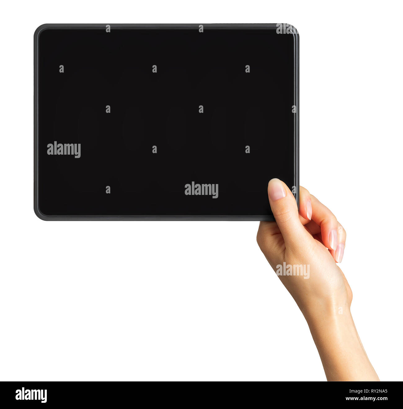 Women's hand showing black tablet, concept of taking photo or selfie ...