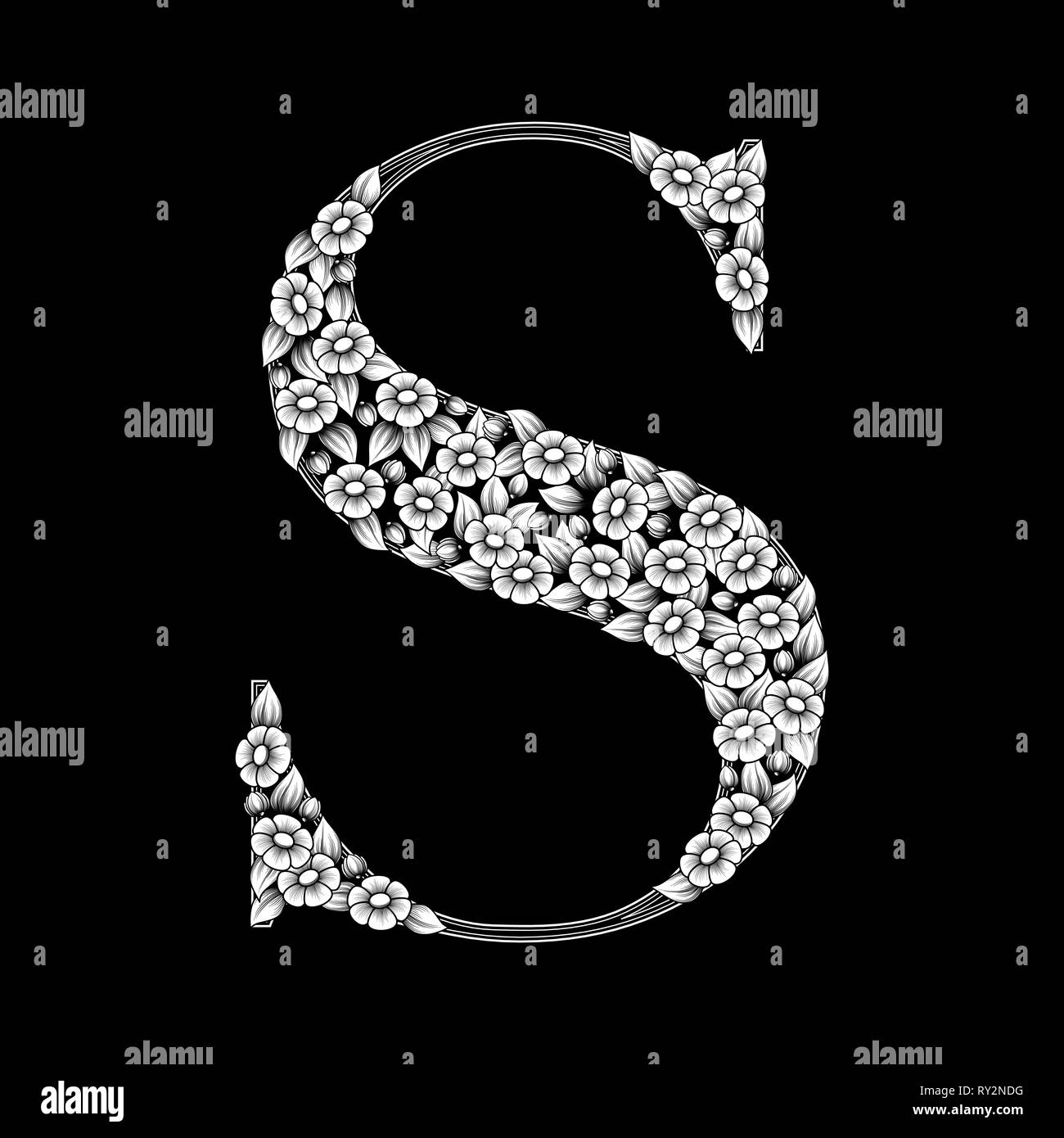 White letter S with flowers and leaves isolated on black background Stock Vector