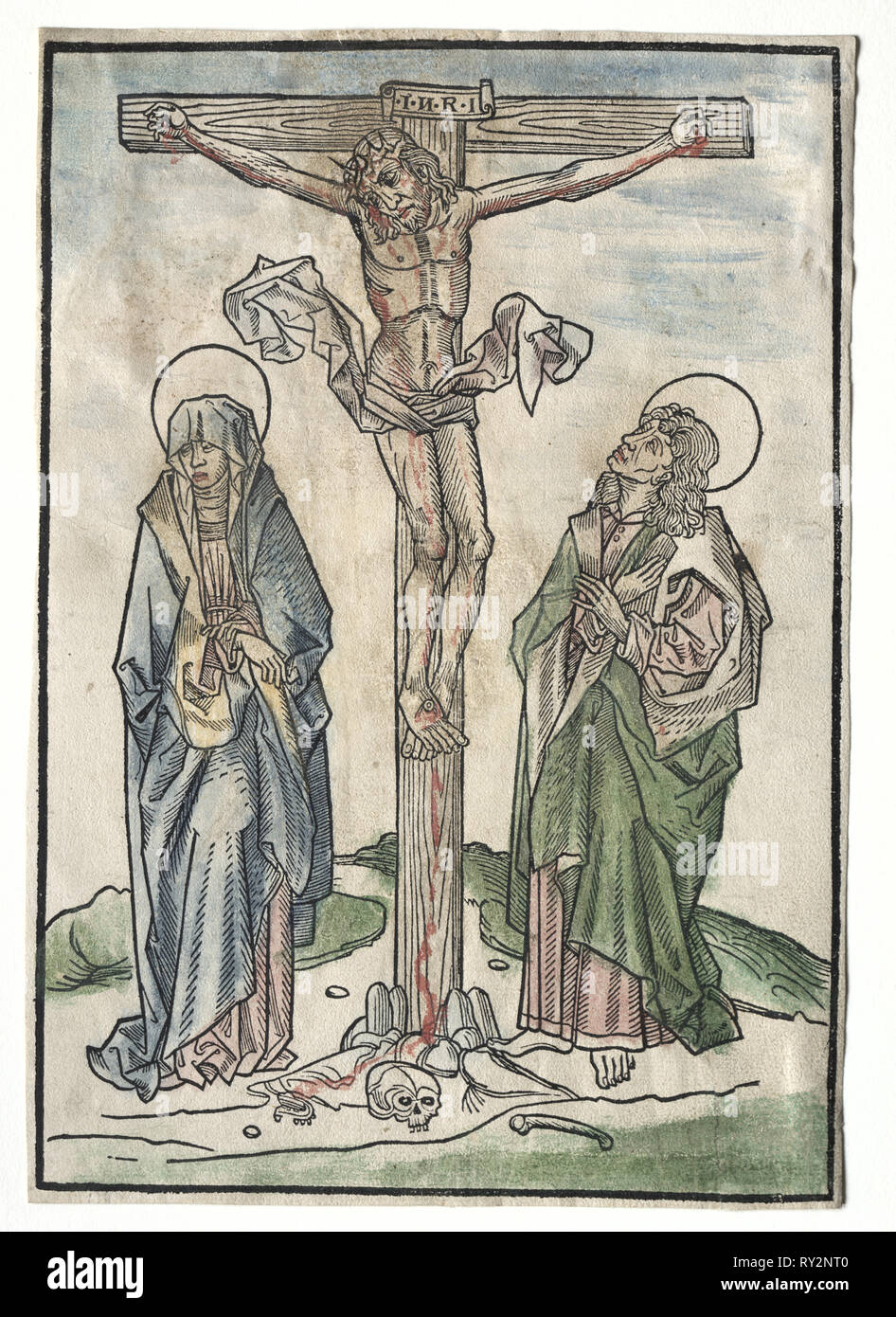 Christ on the Cross, 1400s. Germany, 15th century. Woodcut with watercolor added by hand Stock Photo