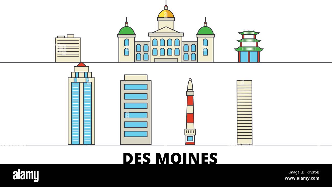 United States, Des Moines flat landmarks vector illustration. United States, Des Moines line city with famous travel sights, skyline, design.  Stock Vector