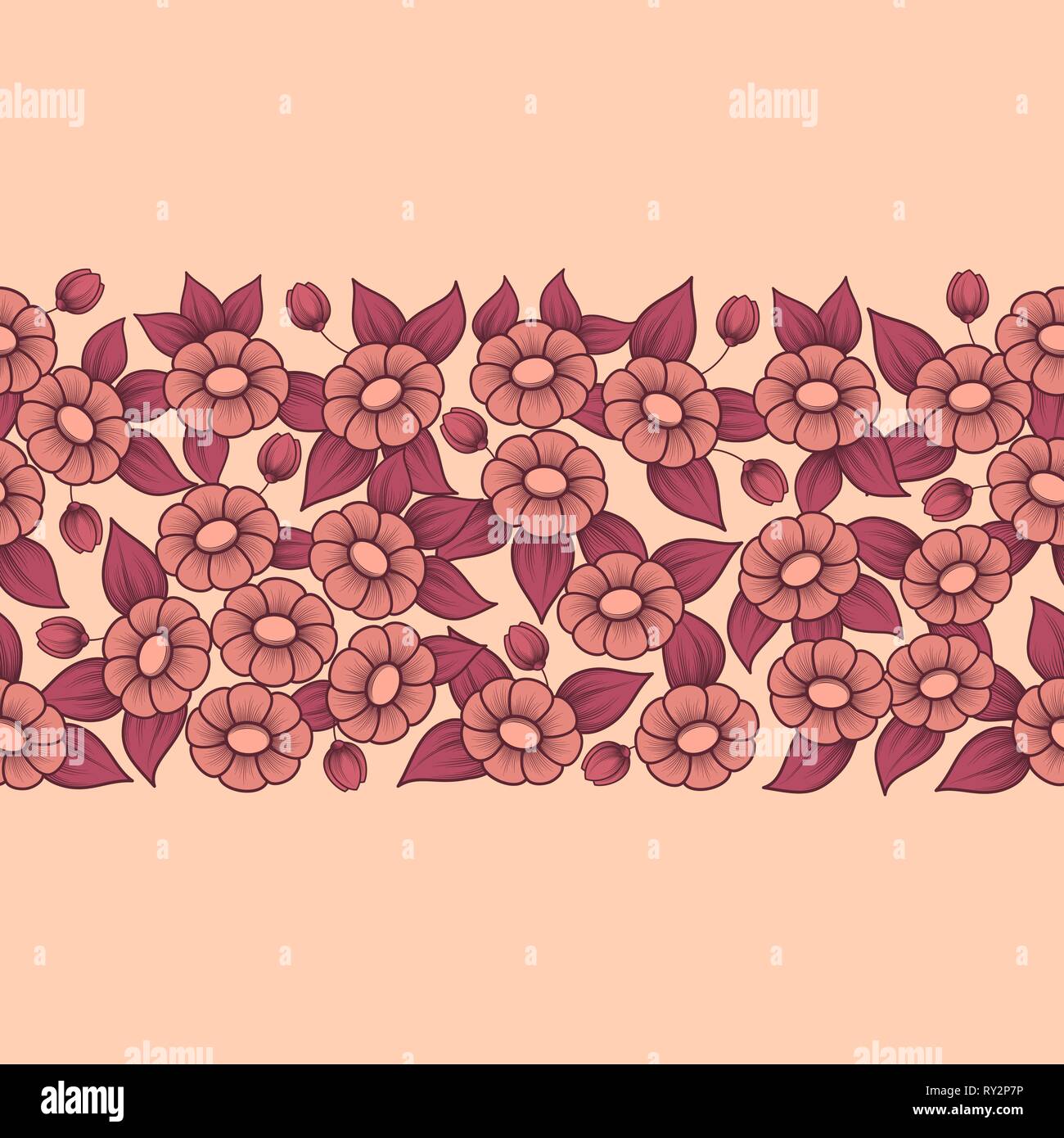 Coral color floral pattern with flowers and leaves Stock Vector Image ...