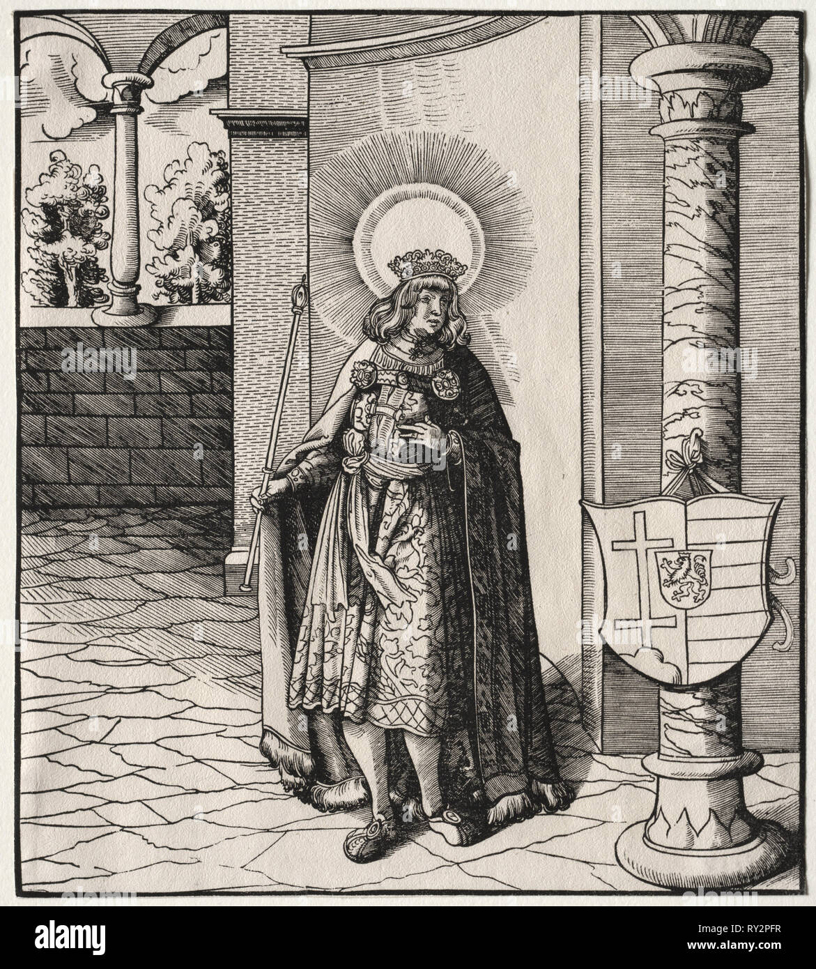 Saints Connected with the House of Hapsburg:  A General Account of the Ancestry of Emperor Maximilian I. Leonhard Beck (German, c. 1480-1542). Woodcut Stock Photo