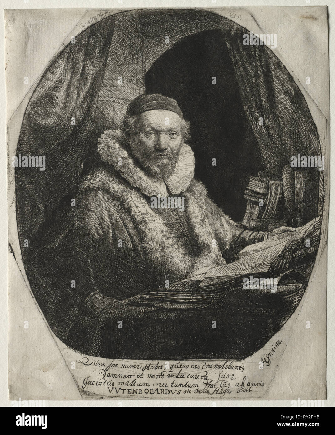 Jan Uytenbogaert, Preacher of the Remonstrants, 1635. Rembrandt van Rijn (Dutch, 1606-1669). Etching and drypoint; sheet: 22.6 x 18.4 cm (8 7/8 x 7 1/4 in.); platemark: 22.4 x 18.6 cm (8 13/16 x 7 5/16 in Stock Photo