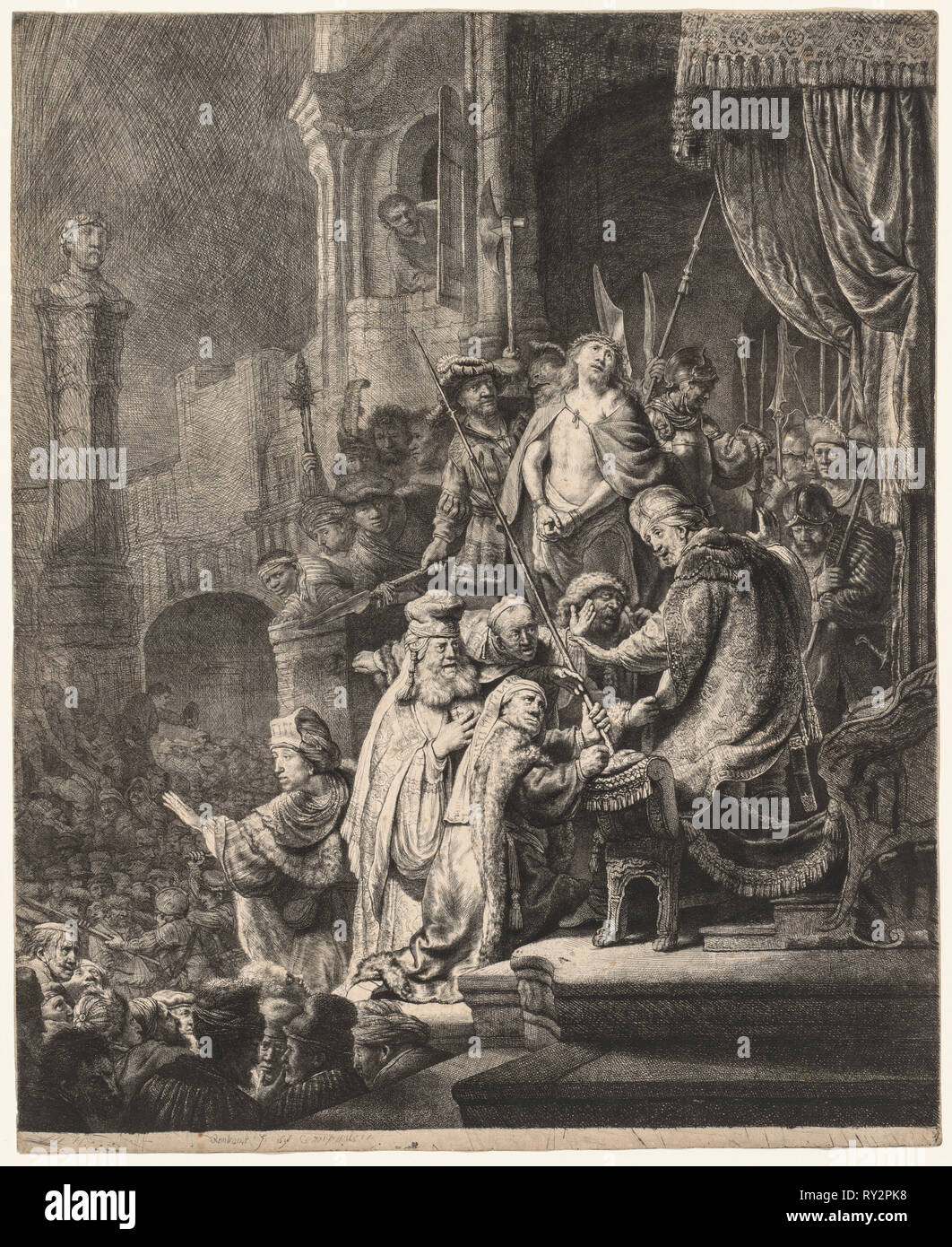 Christ Before Pilate: Large Plate, 1636. Rembrandt van Rijn (Dutch, 1606-1669). Etching and engraving; sheet: 55.5 x 45.2 cm (21 7/8 x 17 13/16 in Stock Photo
