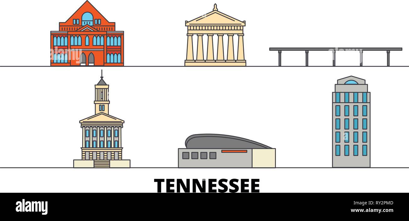 United States, Nashville flat landmarks vector illustration. United States, Nashville line city with famous travel sights, skyline, design.  Stock Vector