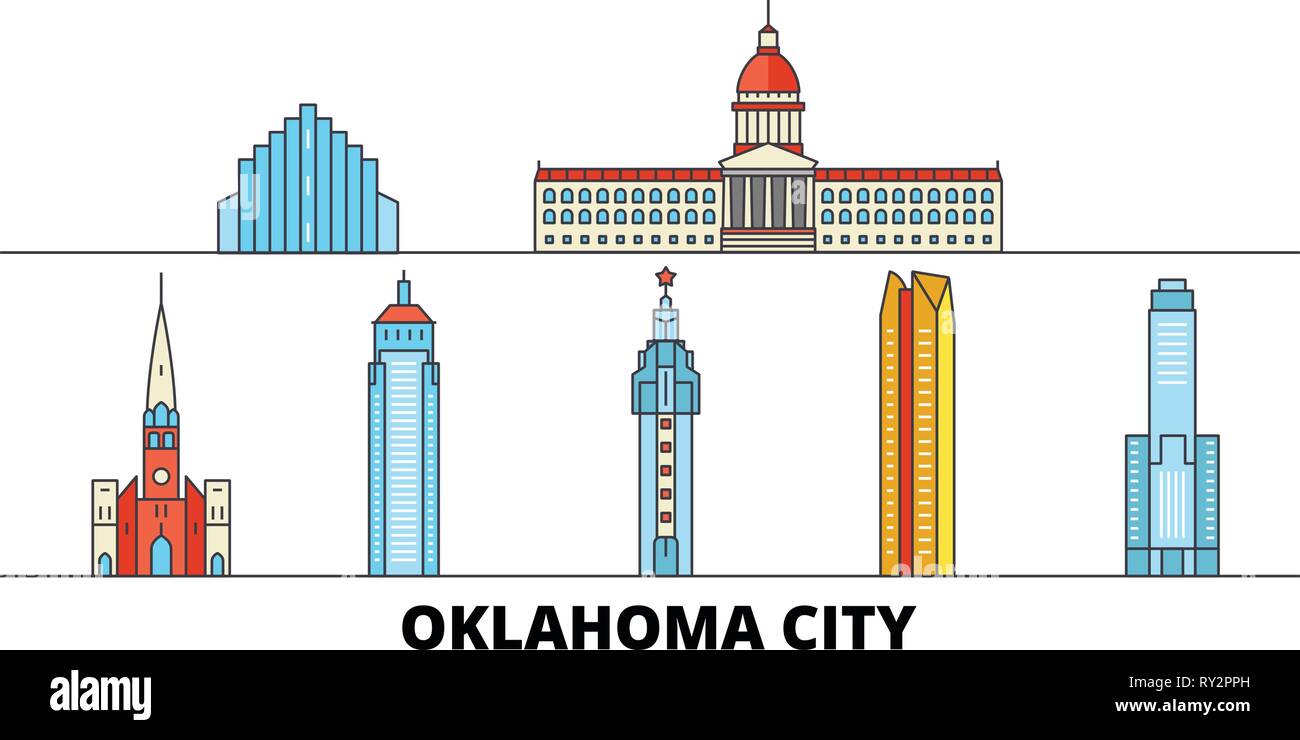 United States, Oklahoma City flat landmarks vector illustration. United States, Oklahoma City line city with famous travel sights, skyline, design.  Stock Vector