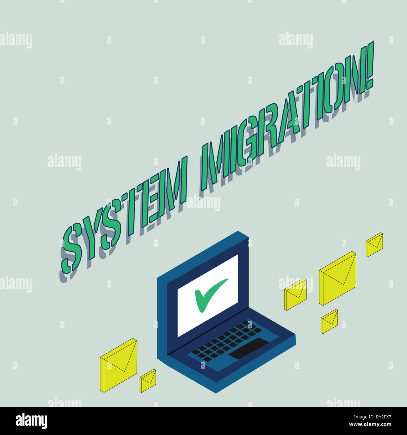 Writing note showing System Migration. Business concept for Moving programs to another platform Stock Photo