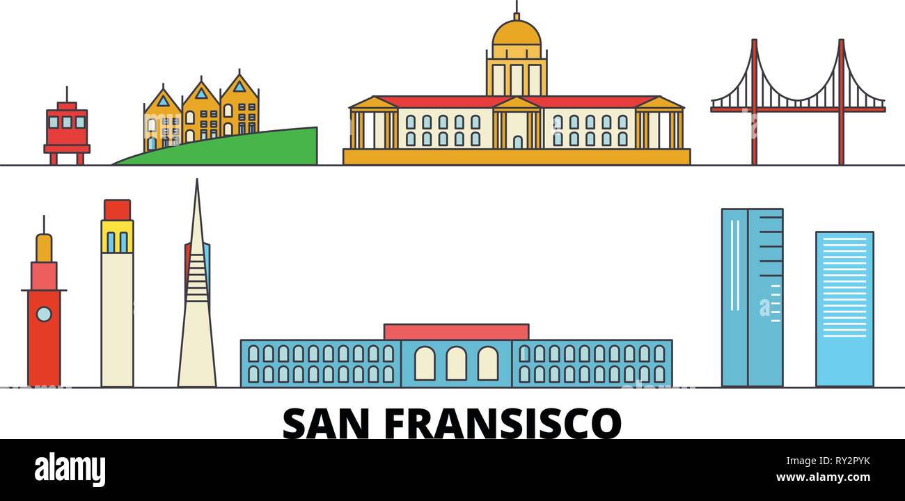 United States, San Francisco flat landmarks vector illustration. United States, San Francisco line city with famous travel sights, skyline, design.  Stock Vector