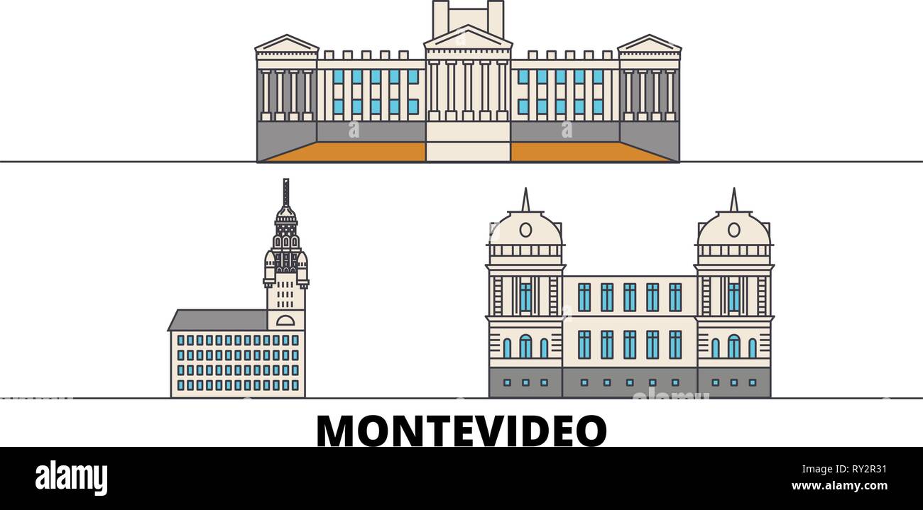 Uruguay , Montevideo flat landmarks vector illustration. Uruguay , Montevideo line city with famous travel sights, skyline, design.  Stock Vector