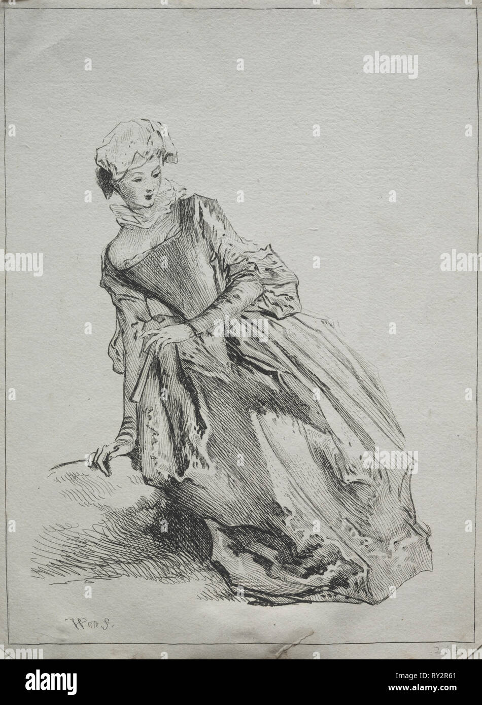Woman Seated, 1700s. Copy after Jean Antoine Watteau (French, 1684-1721). Etching Stock Photo