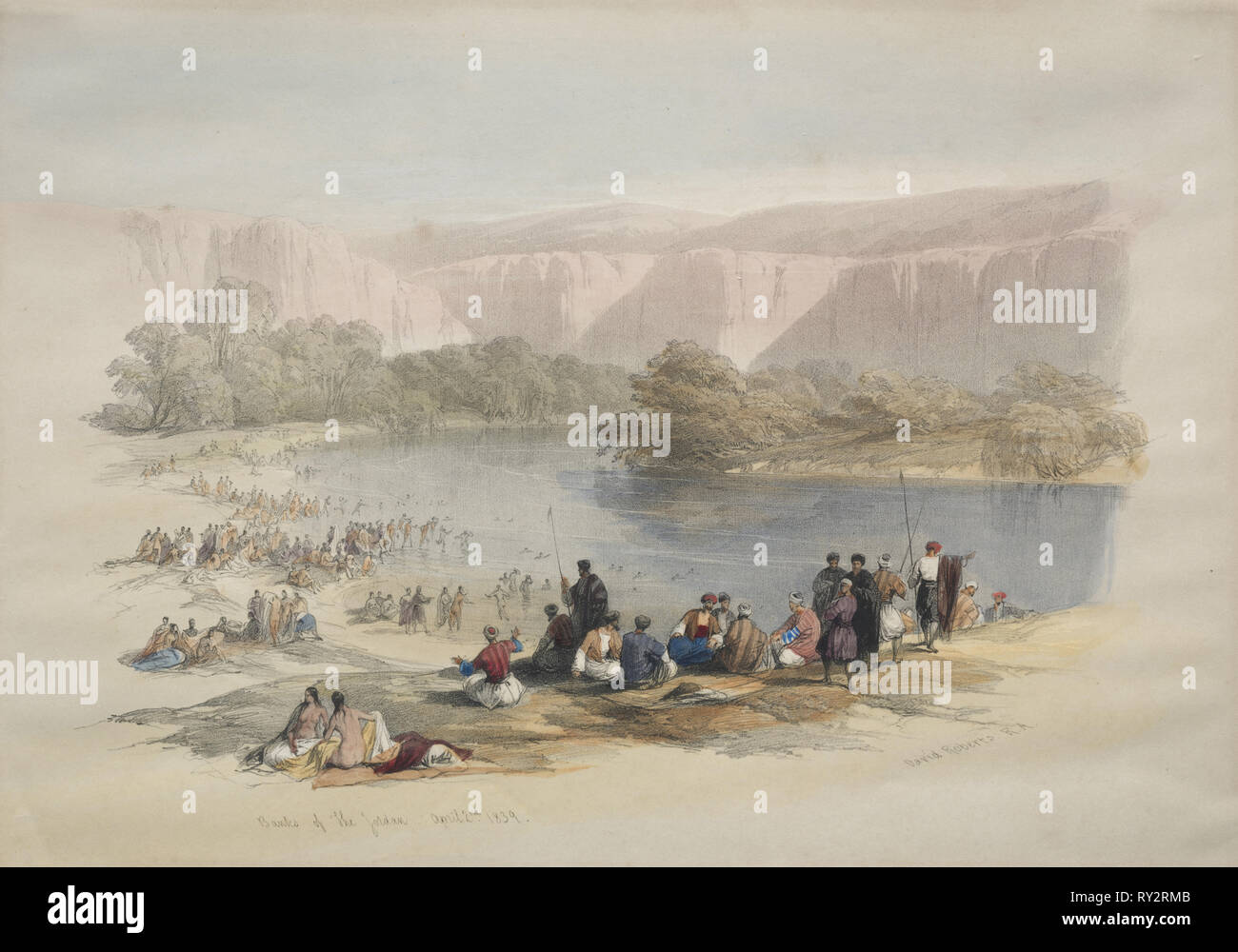 Banks of the Jordan, 1839. David Roberts (British, 1796-1864). Color lithograph Stock Photo