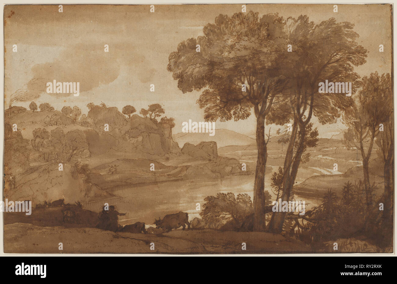 View of the Acqua Acetosa (recto), c. 1645. Claude Lorrain (French, 1604-1682). Pen and brown ink and brush and brown wash over graphite, framing lines in brown ink; sheet: 26 x 40.5 cm (10 1/4 x 15 15/16 in Stock Photo