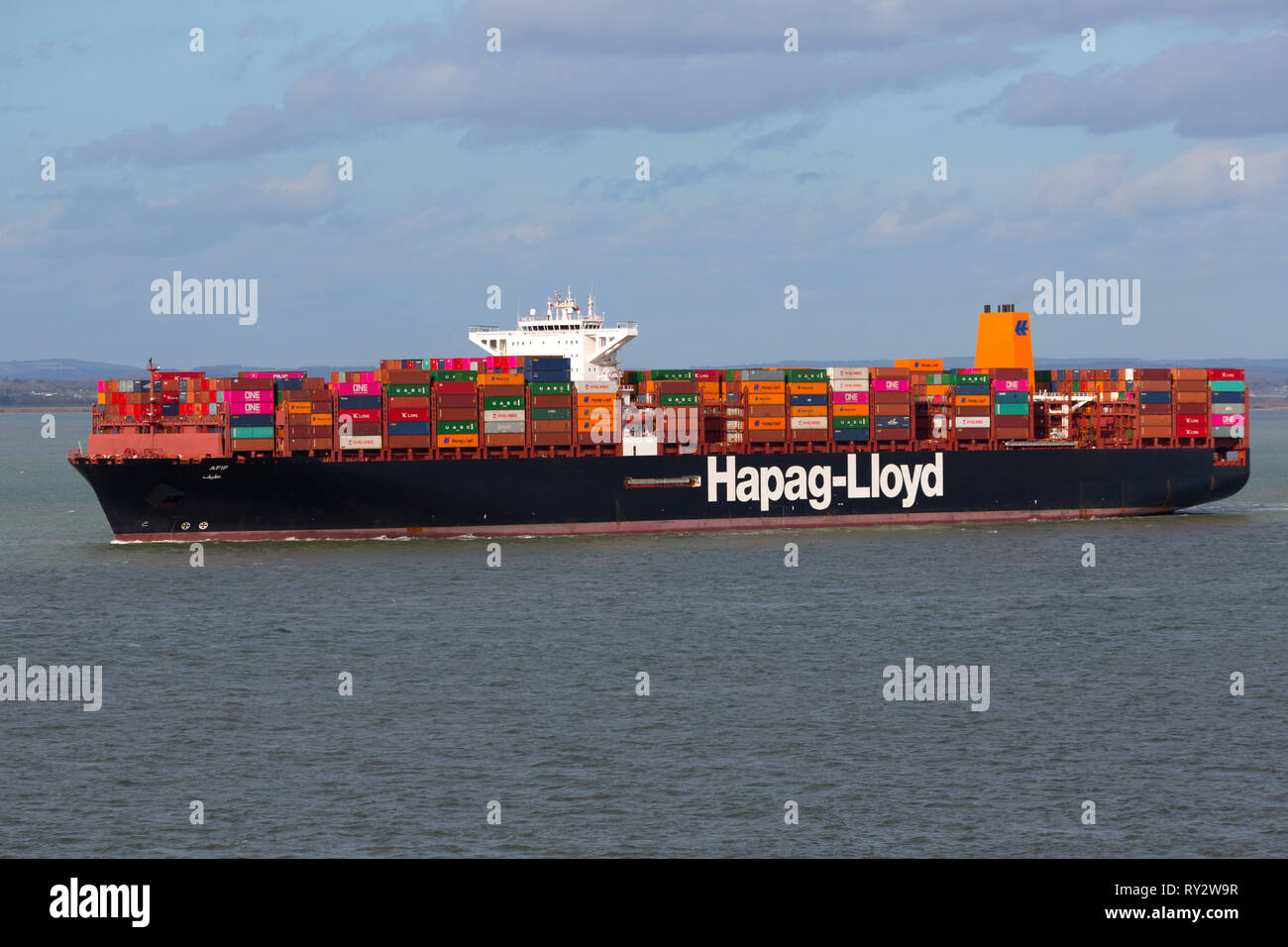 terminal,Aerial,view,Hapag-Lloyd,Container,Ship,Afif,home,port,Majuro,The Solent,Southampton,Cowes,Isle of Wight, Stock Photo