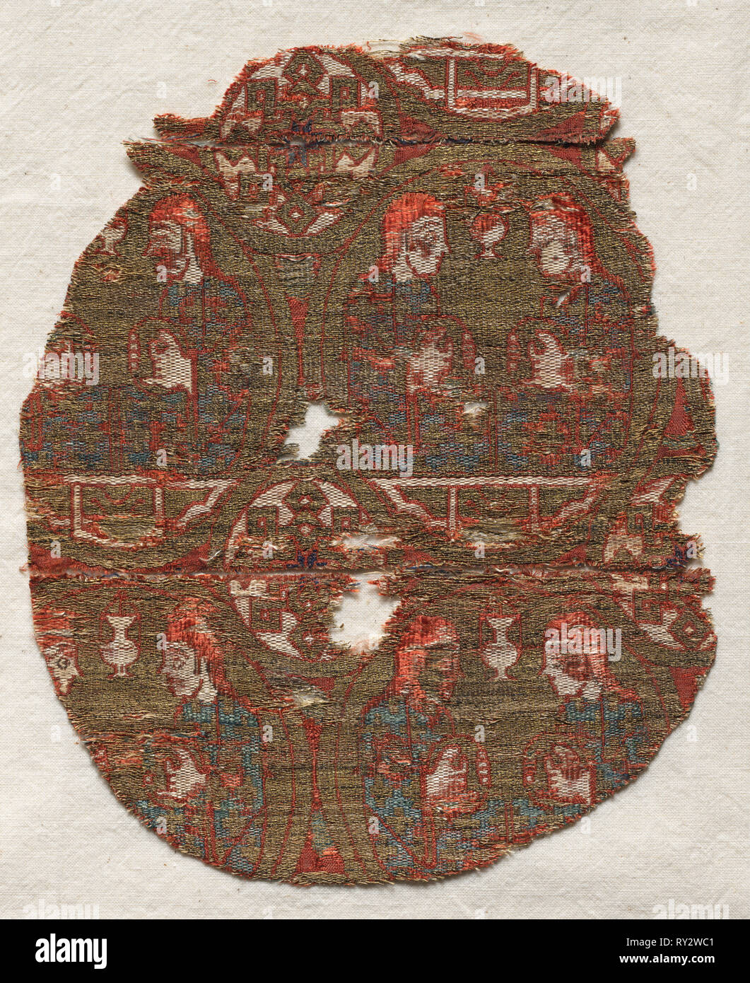 Lampas with musicians, 1200s. Spain, probably Almeria. Lampas with areas of double cloth: silk and gold thread; overall: 16.8 x 14 cm (6 5/8 x 5 1/2 in Stock Photo