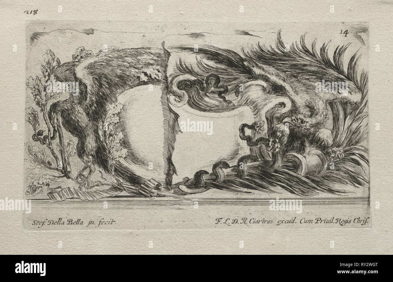 Collection of Various Caprices and New Designs of Cartouches and Ornaments:  No 14. Stefano Della Bella (Italian, 1610-1664). Etching Stock Photo
