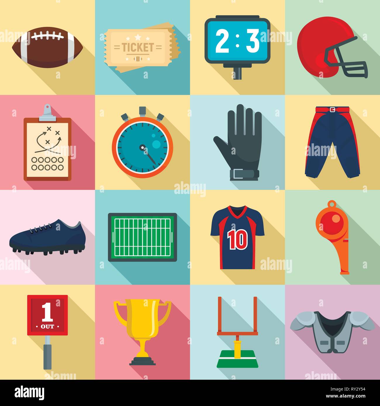 American football equipment icons set. Flat set of american football equipment vector icons for web design Stock Vector