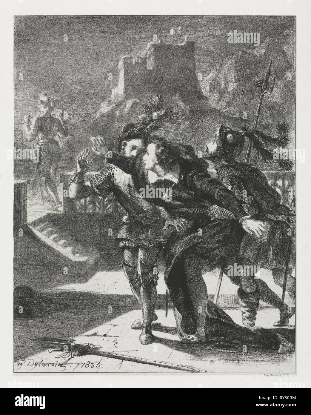 Hamlet:  Hamlet Rushes to Follow the Ghost of  his Father, 1835. Eugène Delacroix (French, 1798-1863). Lithograph Stock Photo