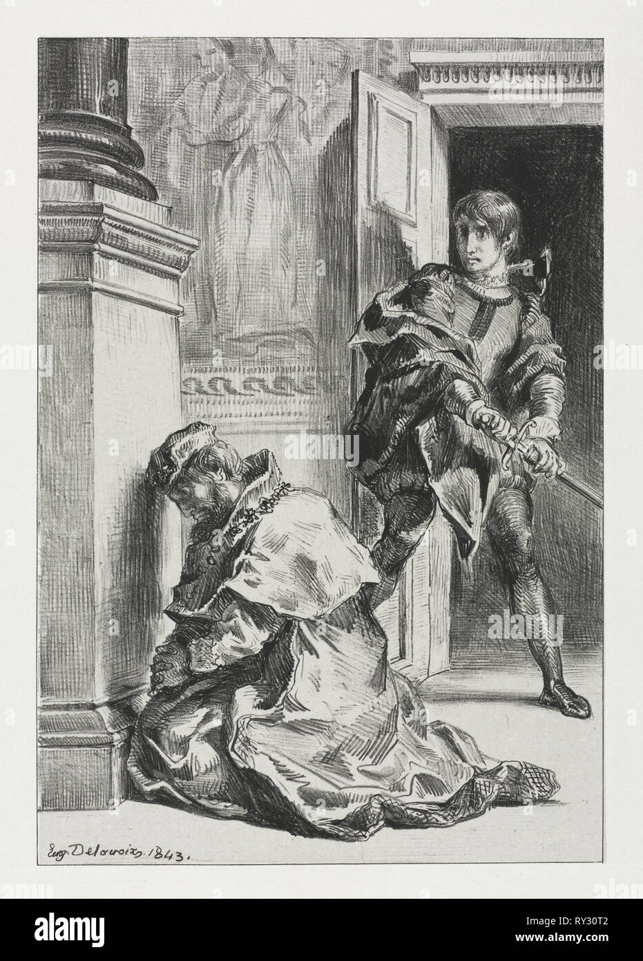 Hamlet:  Hamlet Attempts to Kill the King, 1843. Eugène Delacroix (French, 1798-1863). Lithograph Stock Photo