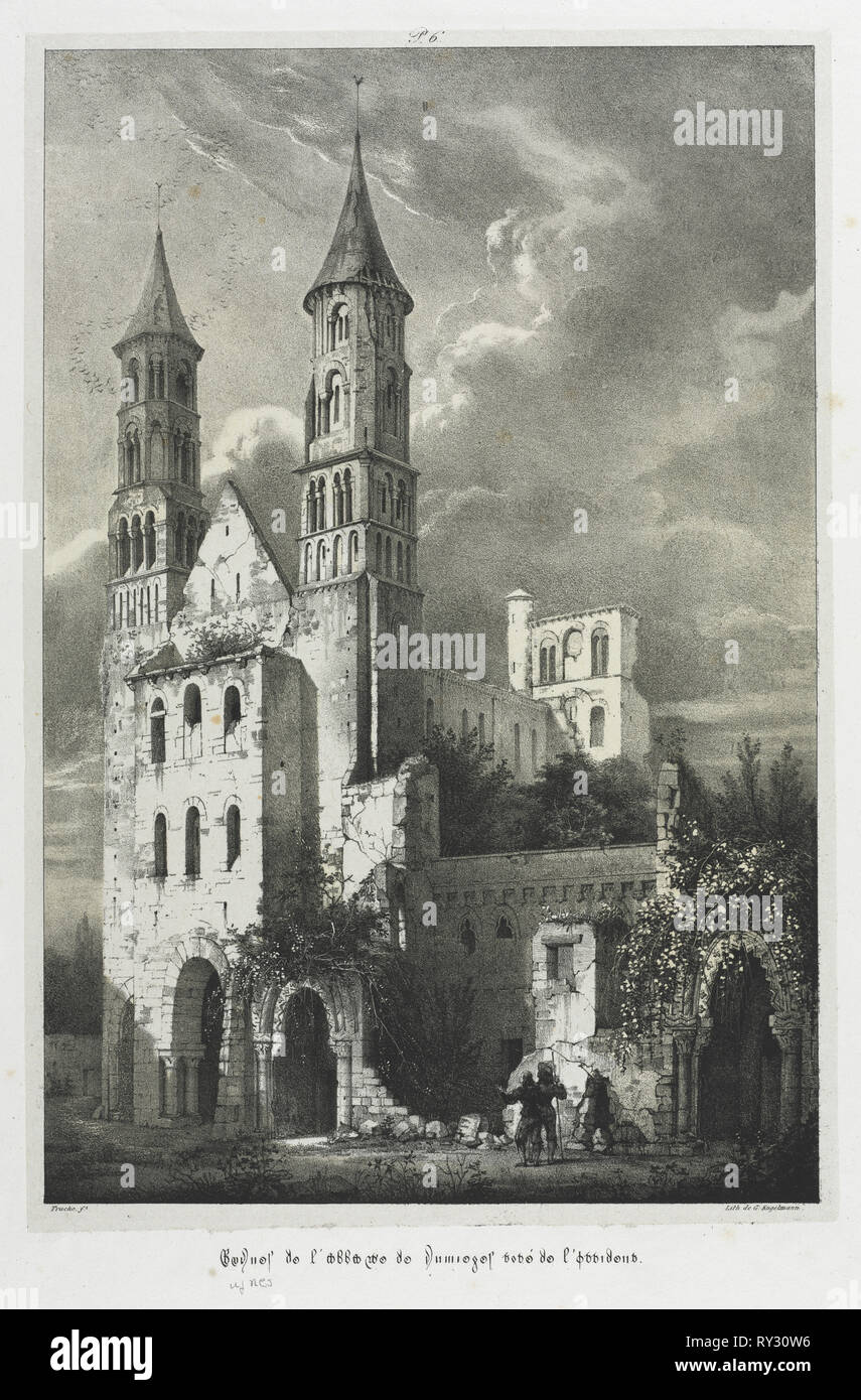 Ruins of the Abbey of Jumièges. Jean Truchot (French, 1798-1823). Lithograph with gray tint stone Stock Photo