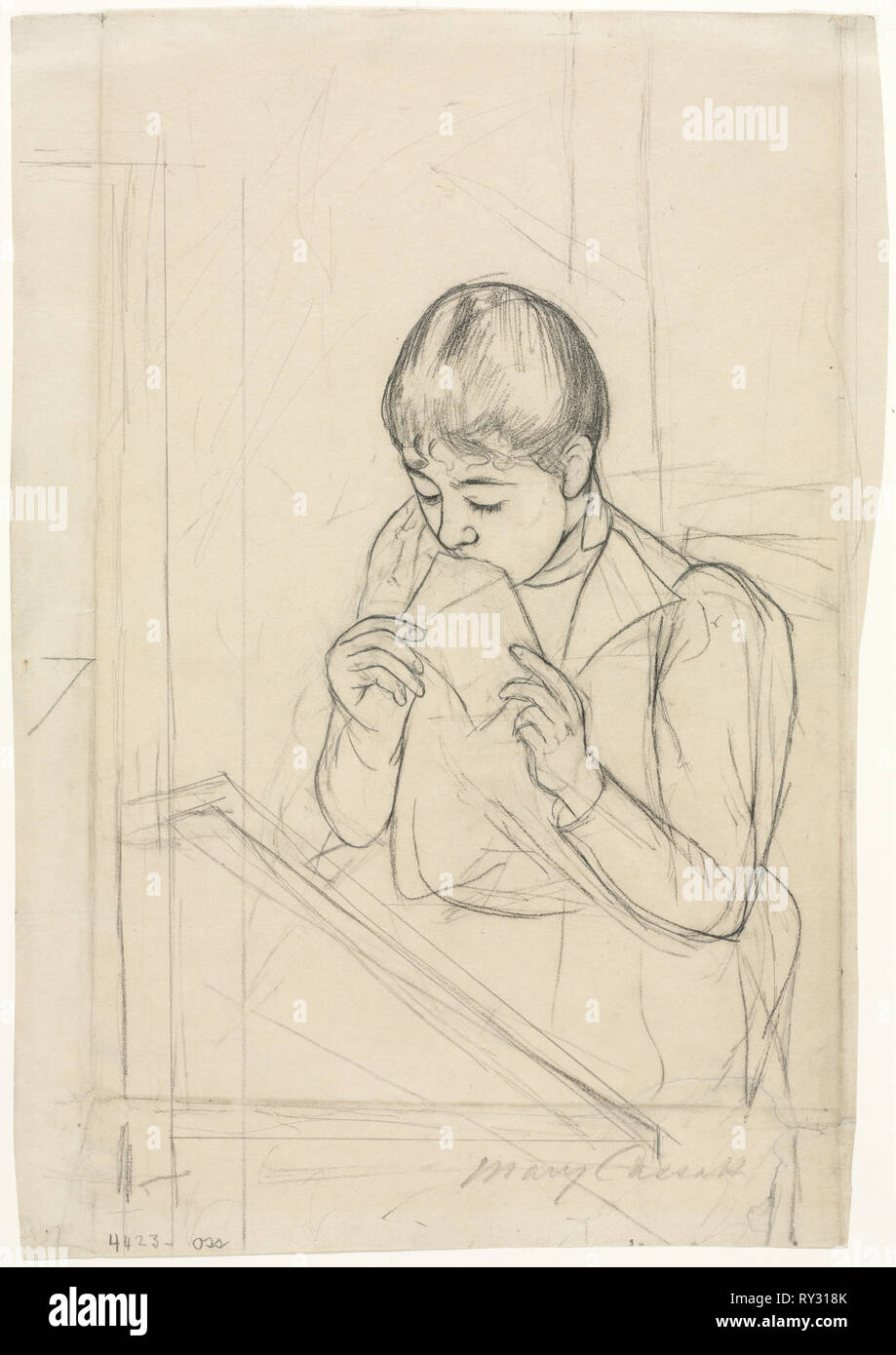 The Letter (recto), 1890-1891. Mary Cassatt (American, 1844-1926). Black crayon and graphite; sheet: 34.6 x 23 cm (13 5/8 x 9 1/16 in Stock Photo