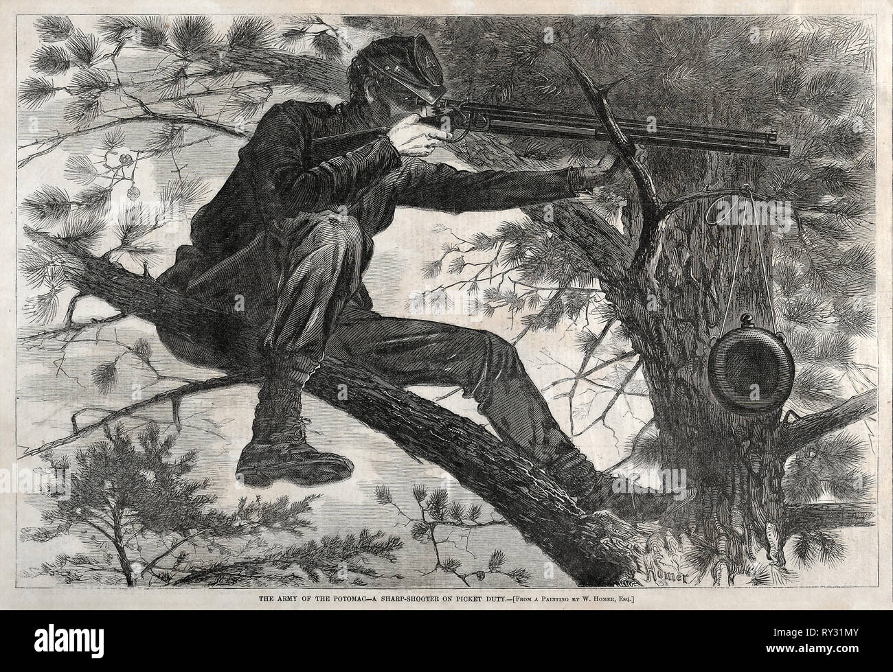 The Army of the Potomac - A Sharpshooter on Picket Duty, 1862. Winslow Homer (American, 1836-1910). Wood engraving Stock Photo