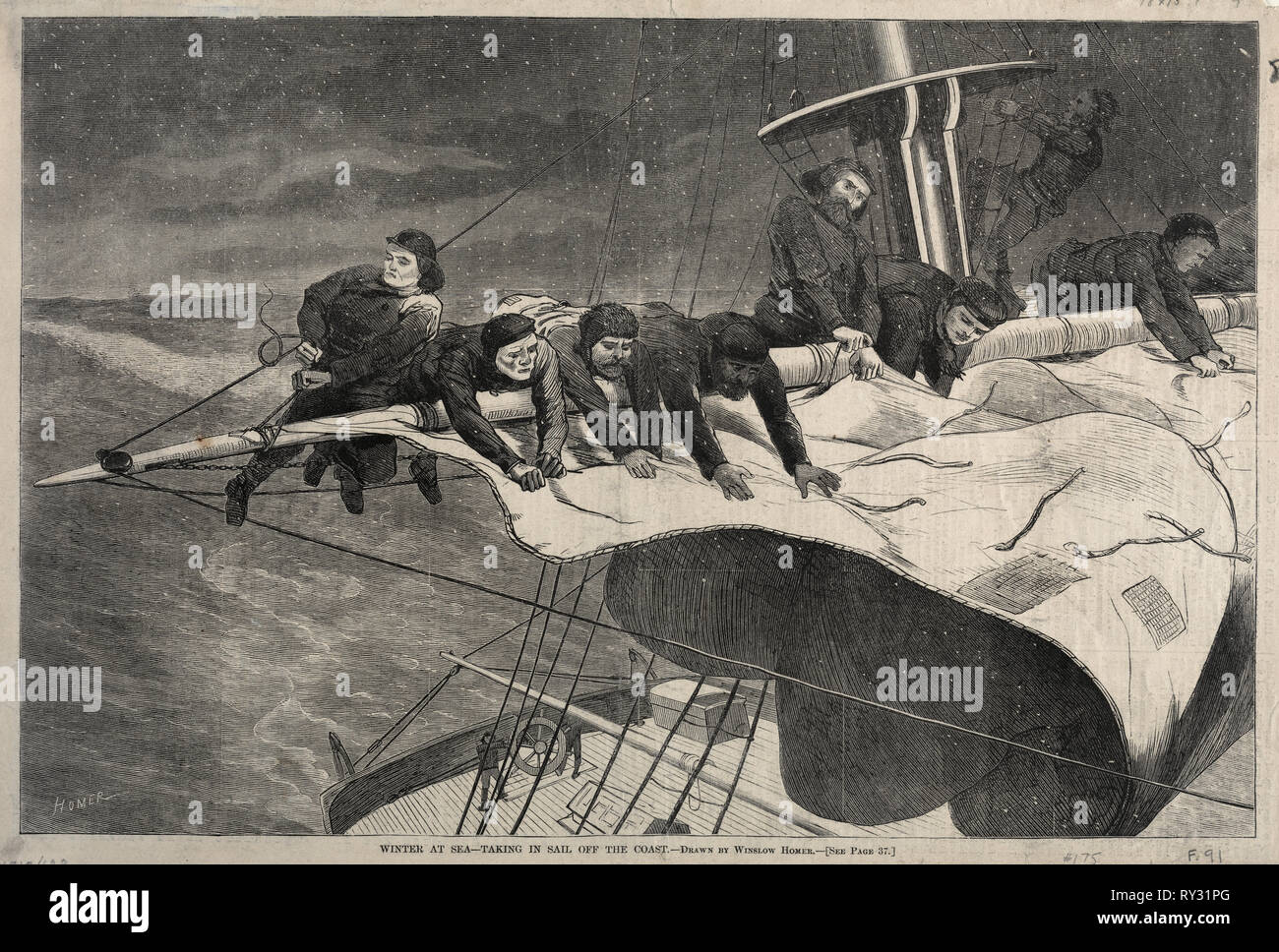 Winter at Sea - Taking in Sail Off the Coast, 1869. Winslow Homer (American, 1836-1910). Wood engraving Stock Photo