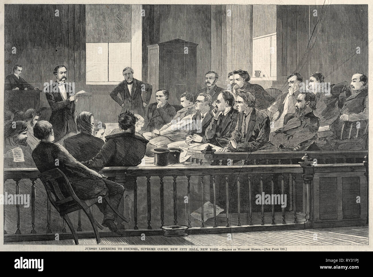 Jurors Listening to Counsel, Supreme Court, New City Hall, New York, 1869, Winslow Homer, American, 1836-1910 Stock Photo