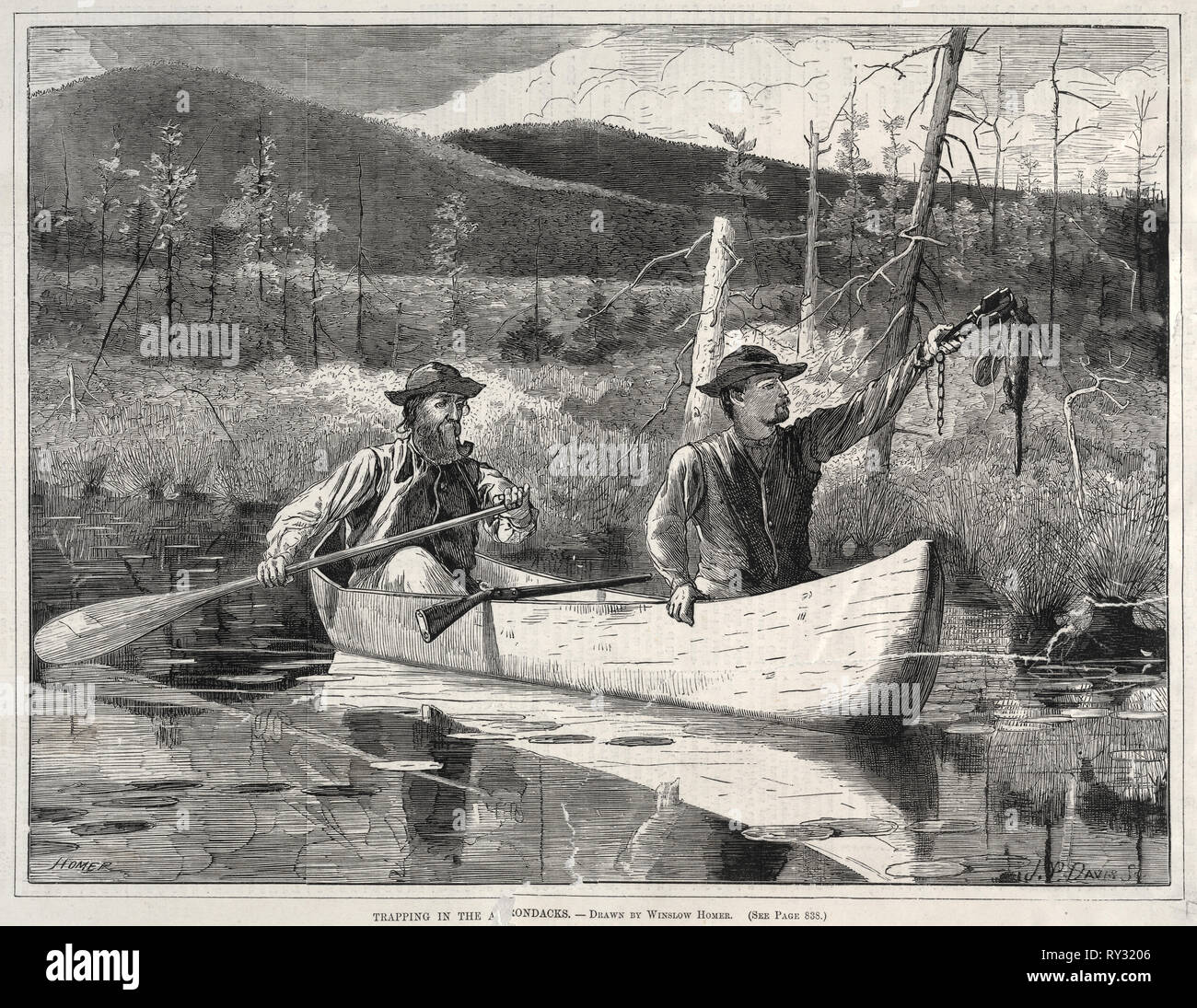 Trapping in the Adirondacks, 1870. Winslow Homer (American, 1836-1910). Wood engraving Stock Photo