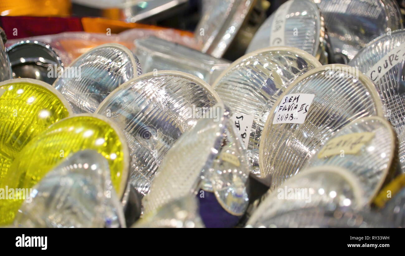 New colorful headlights on the tables being displayed inside the ...